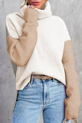 White Color Block Turtle Neck Drop Shoulder Knit Sweater White 65%Acrylic+35%Polyester Sweaters JT's Designer Fashion