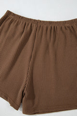 Chestnut Corded Knit Long Sleeve Top and High Waist Shorts Set Short Sets JT's Designer Fashion