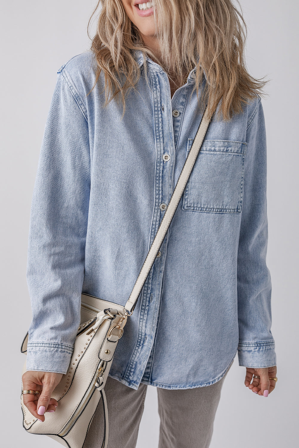 Beau Blue Long Sleeve Buttoned Chest Pocket Denim Shacket Beau Blue 75%Cotton+25%Polyester Denim Jackets JT's Designer Fashion