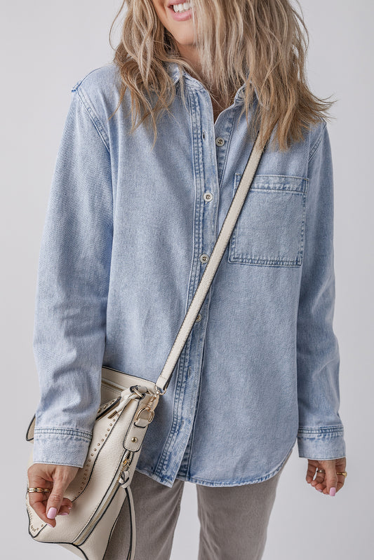 Beau Blue Long Sleeve Buttoned Chest Pocket Denim Shacket Beau Blue 75%Cotton+25%Polyester Denim Jackets JT's Designer Fashion