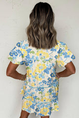 Blue Floral Striped Trim Puff Short Sleeve Dress Floral Dresses JT's Designer Fashion