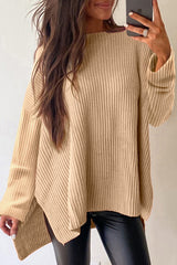 Apricot Cable Knit Drop Shoulder Side Slits Loose Sweater Apricot 60%Cotton+40%Acrylic Sweaters JT's Designer Fashion