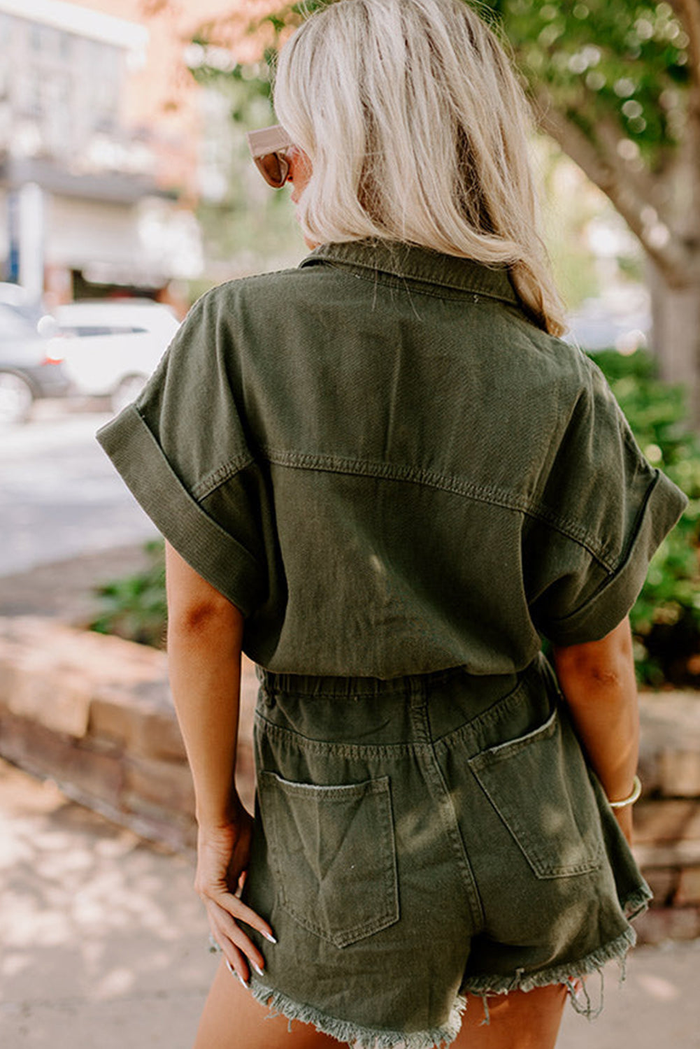 Moss Green Short Sleeve Buttoned Elastic Waist Frayed Denim Romper Bottoms JT's Designer Fashion