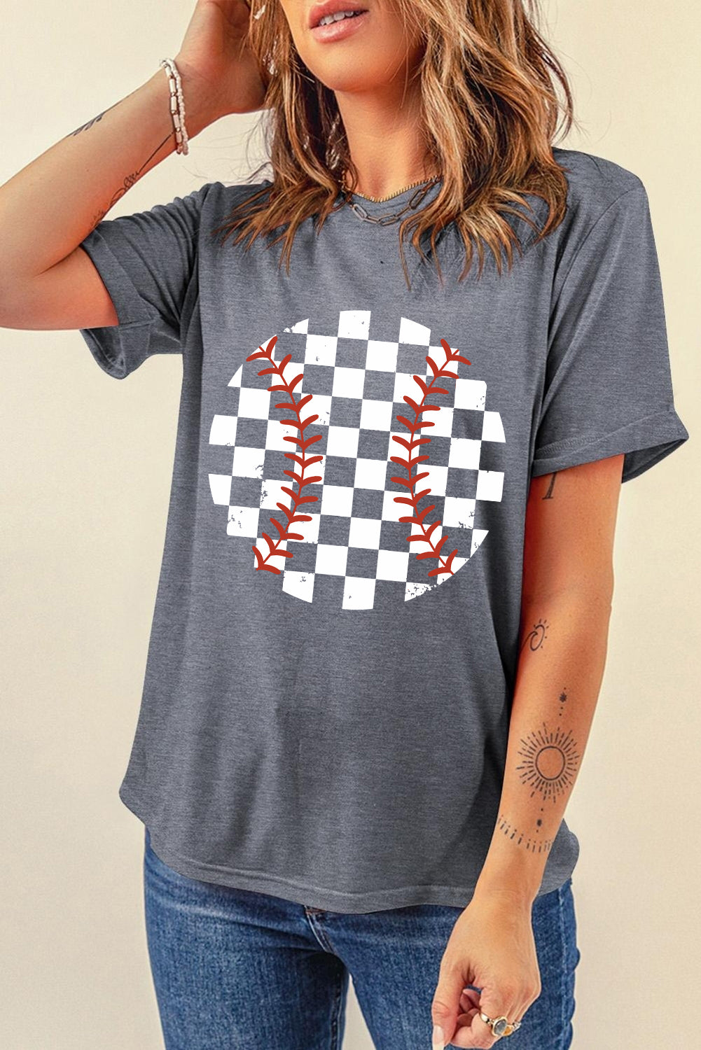 Gray Vintage Checkered Baseball Graphic Tee Graphic Tees JT's Designer Fashion