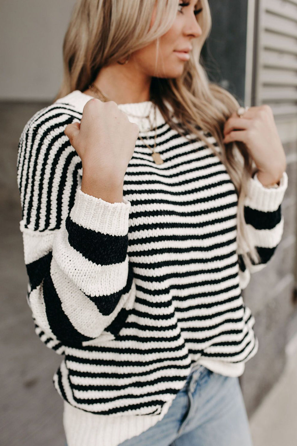 Black white Striped Drop Shoulder Bishop Sleeve Knit Sweater Sweaters JT's Designer Fashion