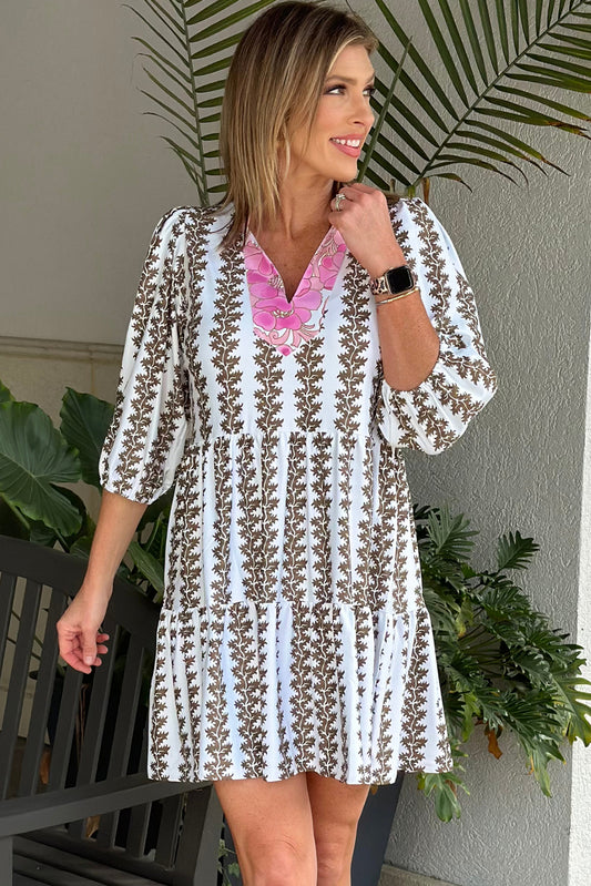 Black Contrast Floral V Neck Printed Bracelet Sleeve Dress Mini Dresses JT's Designer Fashion
