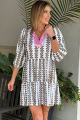 Black Contrast Floral V Neck Printed Bracelet Sleeve Dress Mini Dresses JT's Designer Fashion