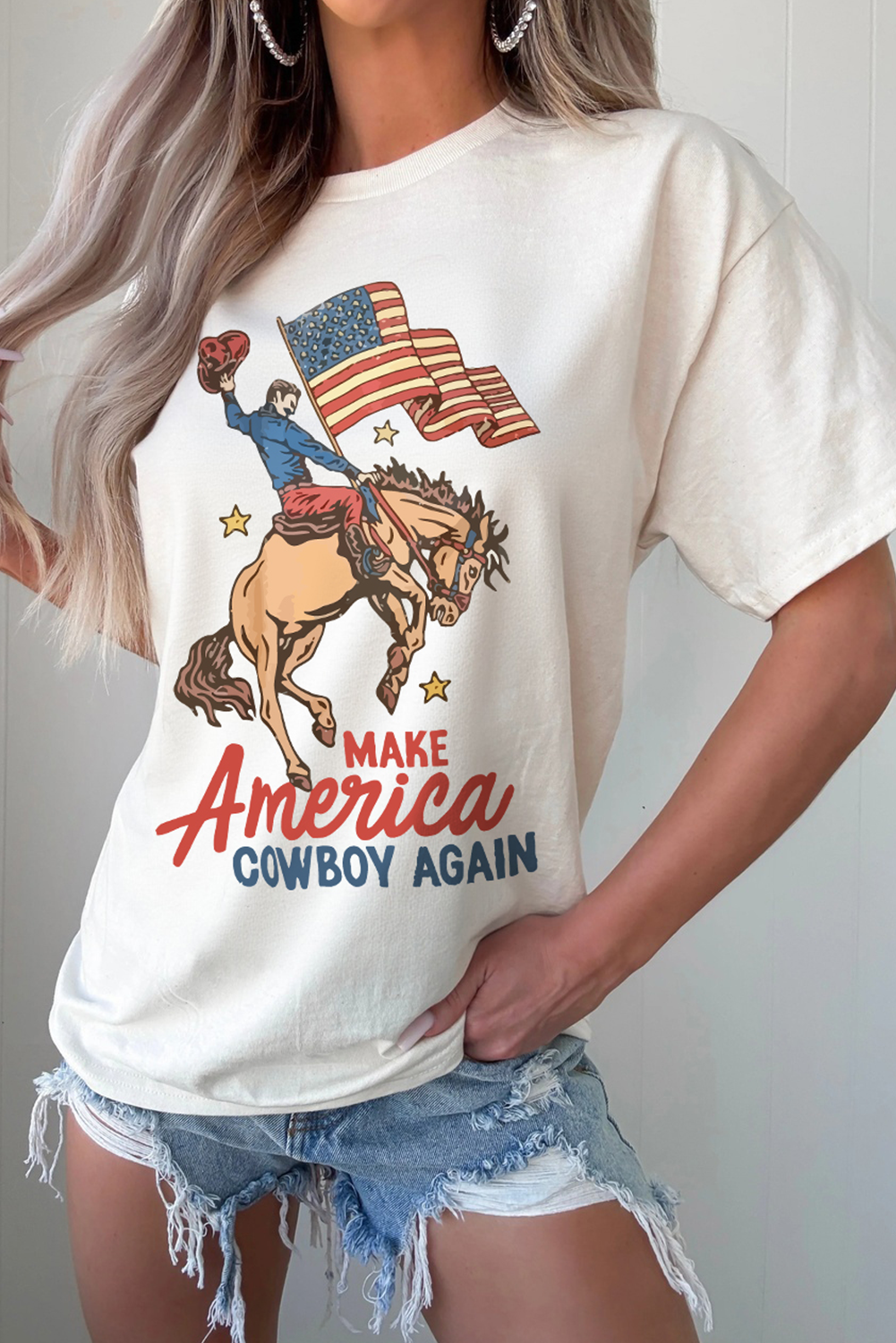 White MAKE AMERICA COWBOY AGAIN Graphic Crewneck Tee Graphic Tees JT's Designer Fashion