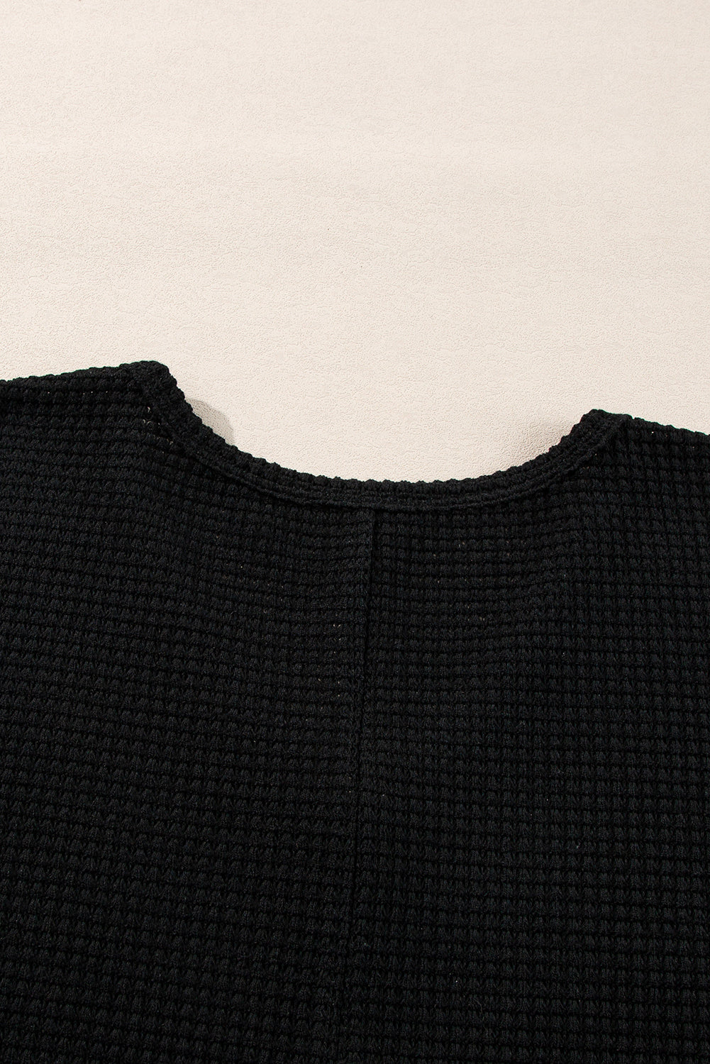 Black Waffle Knit Side Slits Loose Fit V Neck Top Long Sleeve Tops JT's Designer Fashion