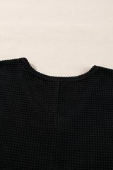 Black Waffle Knit Side Slits Loose Fit V Neck Top Long Sleeve Tops JT's Designer Fashion