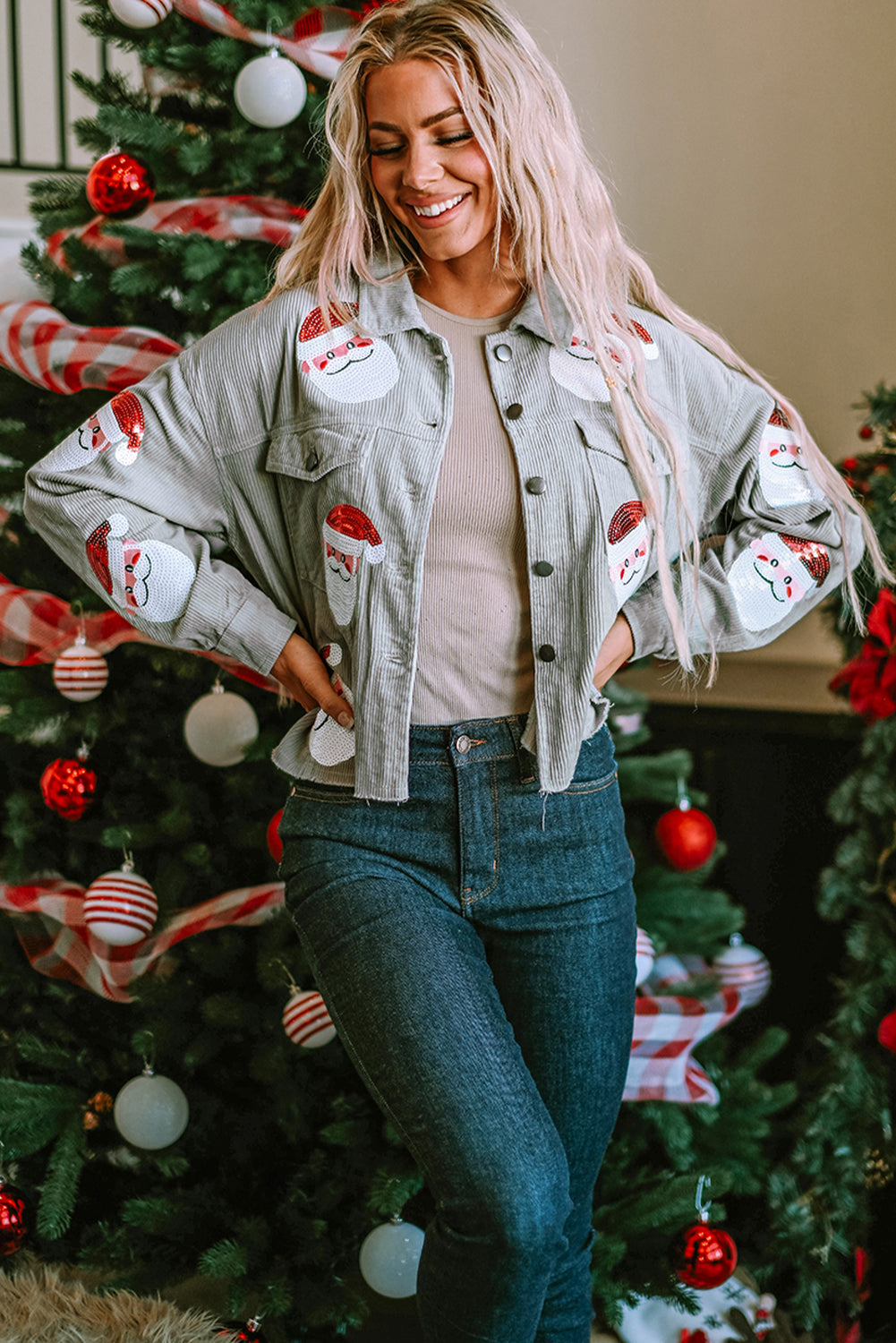 Sky Blue Sequined Santa Claus Flap Pocket Corduroy Jacket Jackets JT's Designer Fashion