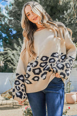 Khaki Leopard Patchwork Knitted Puff Sleeve Sweater Sweaters & Cardigans JT's Designer Fashion