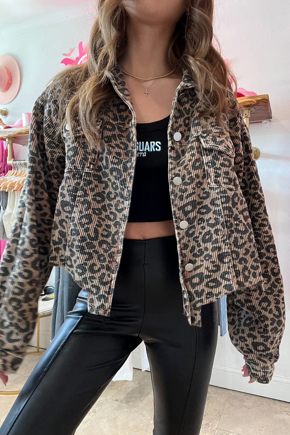 Dark Khaki Leopard Print Corduroy Irregular Hem Buttoned Jacket Jackets JT's Designer Fashion