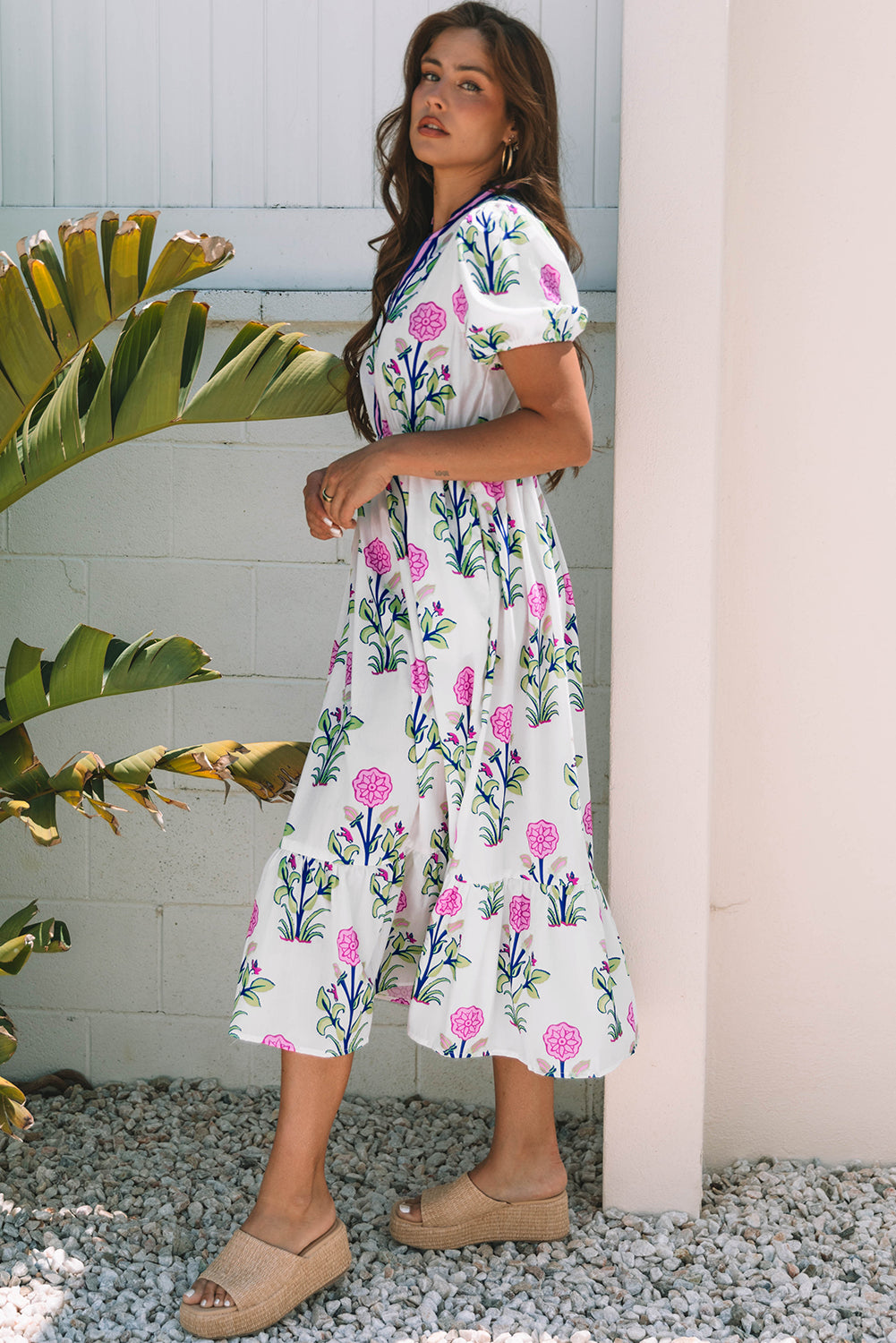 White Floral Puff Short Sleeve V Neck High Waist Maxi Dress Floral Dresses JT's Designer Fashion