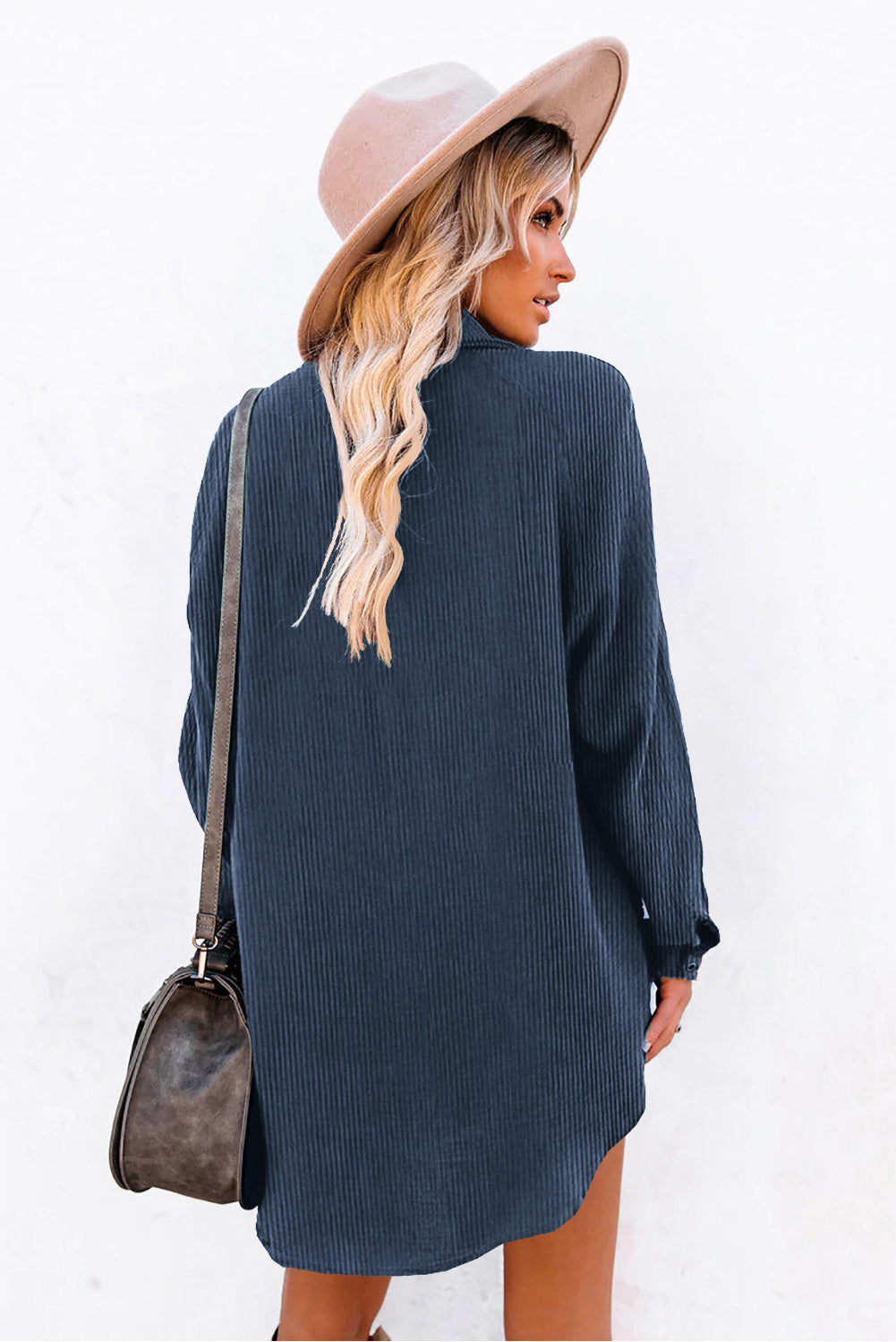 Blue Corduroy Shirt Style Full Button Long Sleeve Shift Mini Dress Mini Dresses JT's Designer Fashion