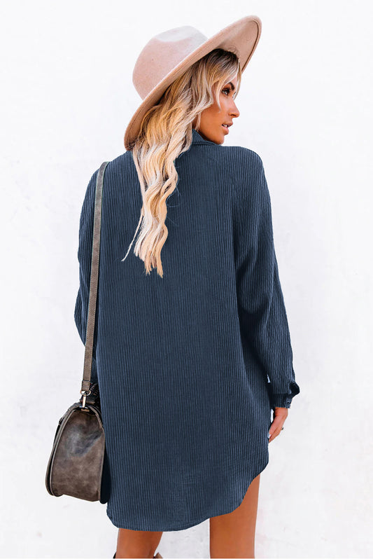 Blue Corduroy Shirt Style Full Button Long Sleeve Shift Mini Dress Mini Dresses JT's Designer Fashion