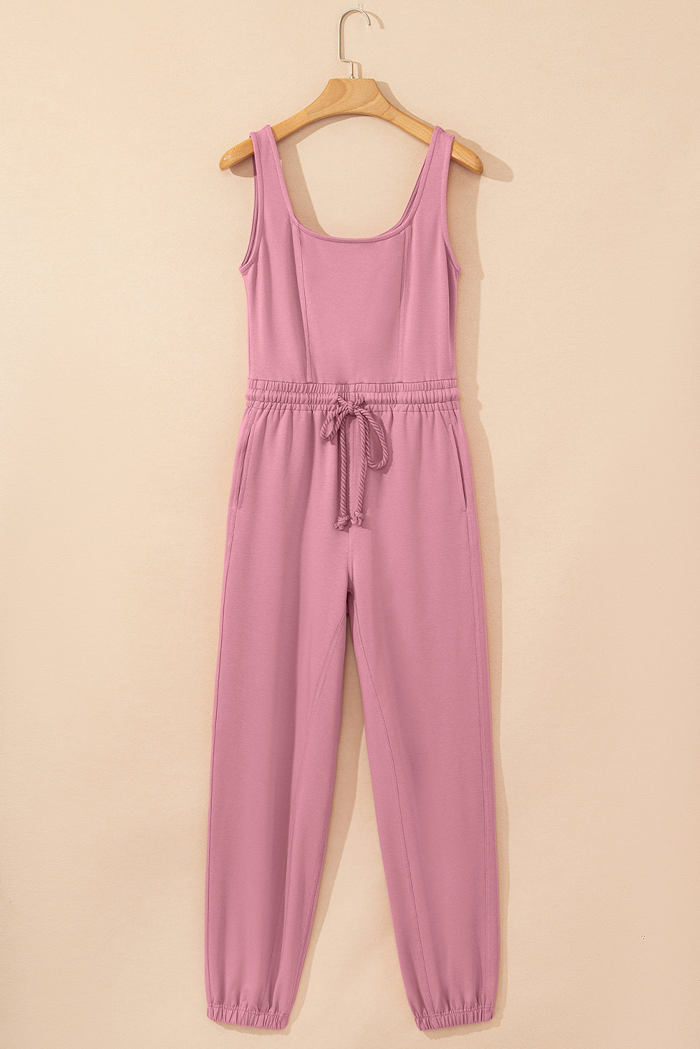 Light Pink Lace-up Elastic Waist Sleeveless Square Neck Jumpsuit Bottoms JT's Designer Fashion