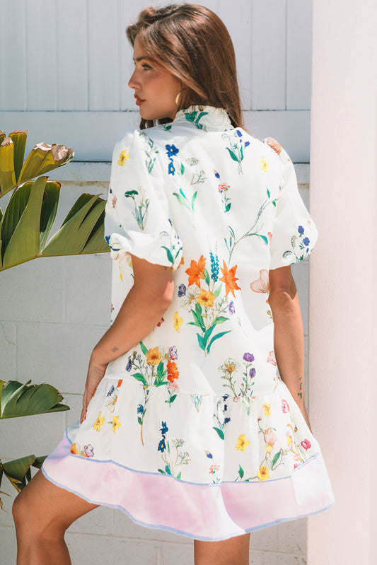 White Floral Print Contrast Striped Patchwork Short Puff Sleeve Dress Floral Dresses JT's Designer Fashion
