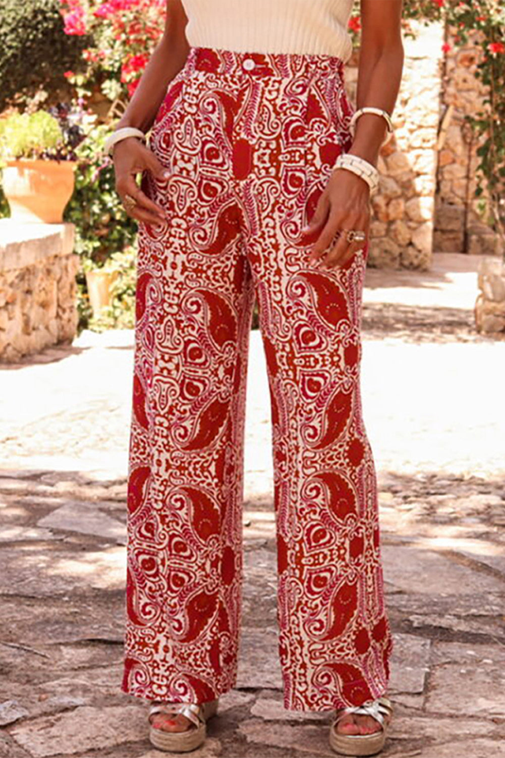 Red Paisley Printed Buttoned High Waist Straight Leg Pants Pants & Culotte JT's Designer Fashion