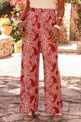 Red Paisley Printed Buttoned High Waist Straight Leg Pants Pants & Culotte JT's Designer Fashion