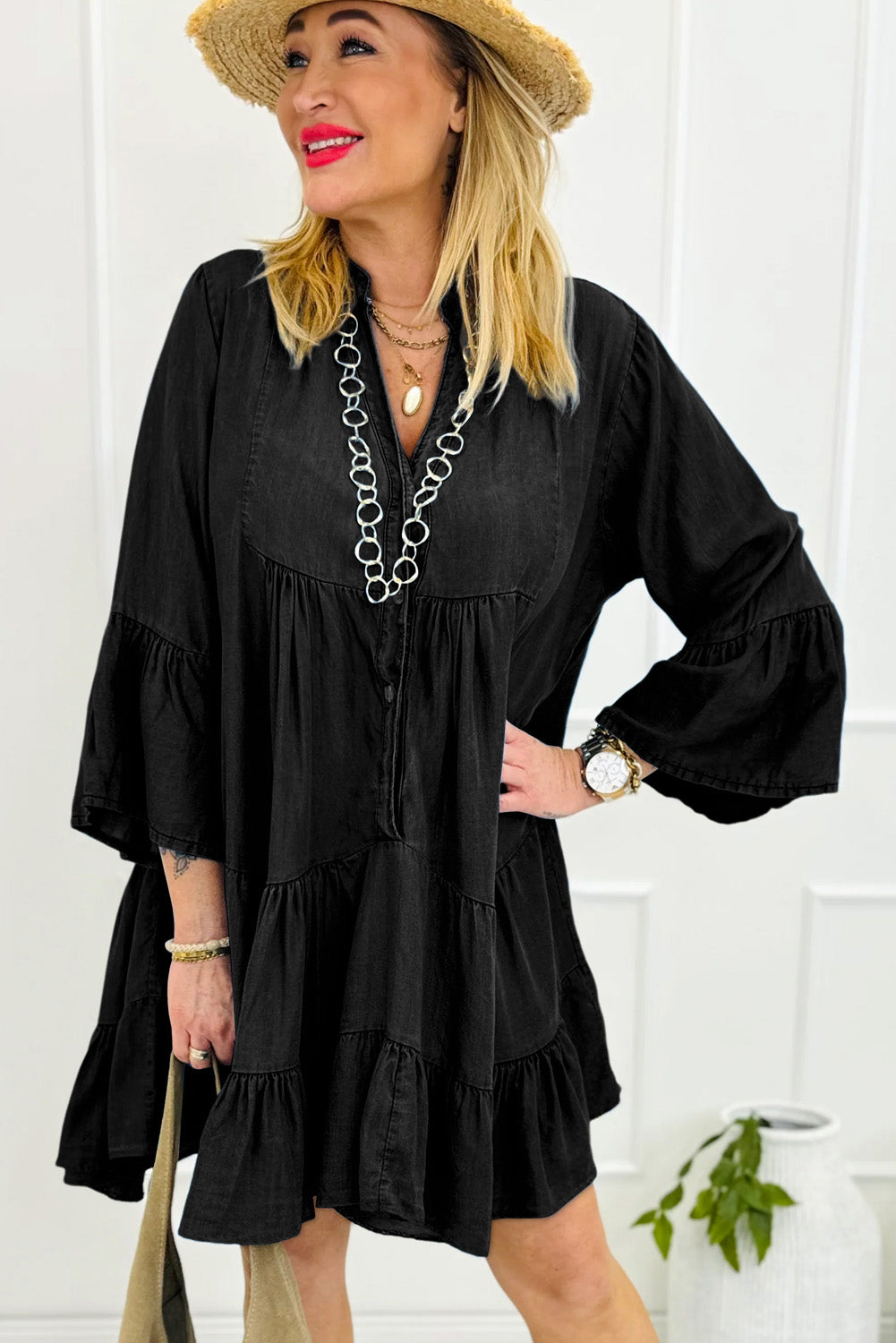 Black Chambray Ruffled 3/4 Sleeve Tiered Split V Neck Mini Dress Mini Dresses JT's Designer Fashion