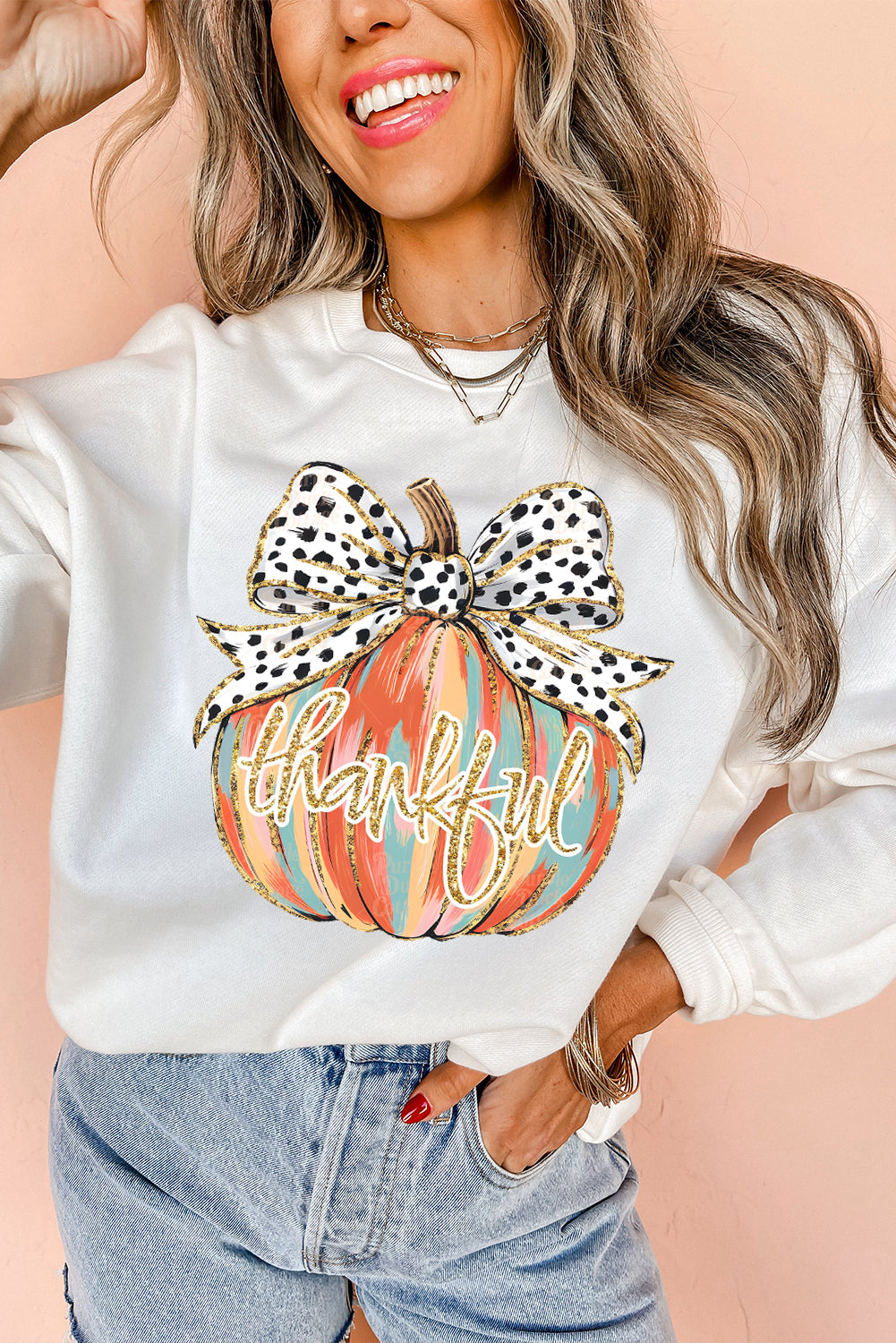 Beige Polka Dot Bow Knot Pumpkin Print Thanksgiving Sweatshirt Beige 50%Polyester+50%Cotton Graphic Sweatshirts JT's Designer Fashion