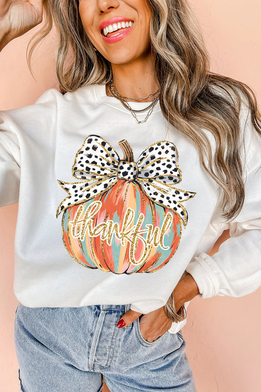 Beige Polka Dot Bow Knot Pumpkin Print Thanksgiving Sweatshirt Beige 50%Polyester+50%Cotton Graphic Sweatshirts JT's Designer Fashion