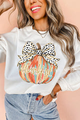 Beige Polka Dot Bow Knot Pumpkin Print Thanksgiving Sweatshirt Beige 50%Polyester+50%Cotton Graphic Sweatshirts JT's Designer Fashion