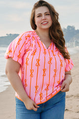 Rose Bowknot Print Shirred V Neck Puff Sleeve Plus Size Blouse Rose 100%Cotton Plus Size Blouses & Shirts JT's Designer Fashion