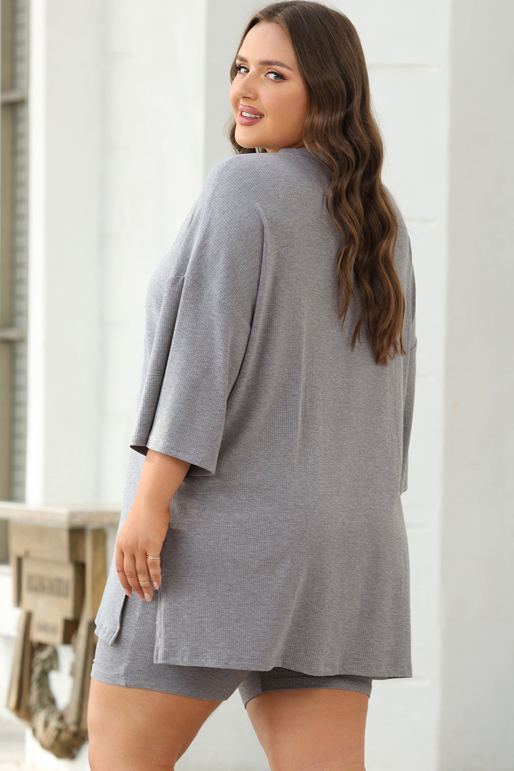 Light Grey Solid Color Loose Tunic Top and Slim Shorts Set Short Sets JT's Designer Fashion