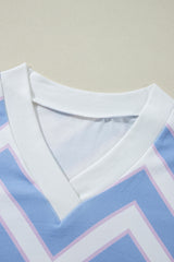 Sky Blue Zigzag Striped Print V Neck Oversized Top Long Sleeve Tops JT's Designer Fashion