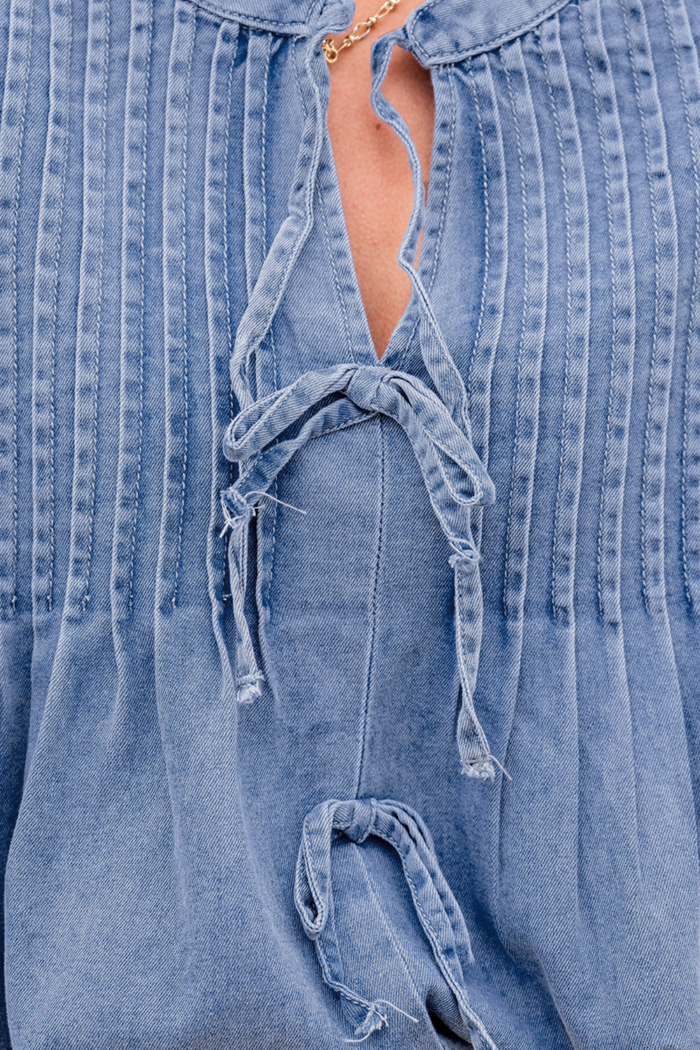 Myosotis Denim Front Pintuck Bow Tie Puff Sleeve Top Blouses & Shirts JT's Designer Fashion