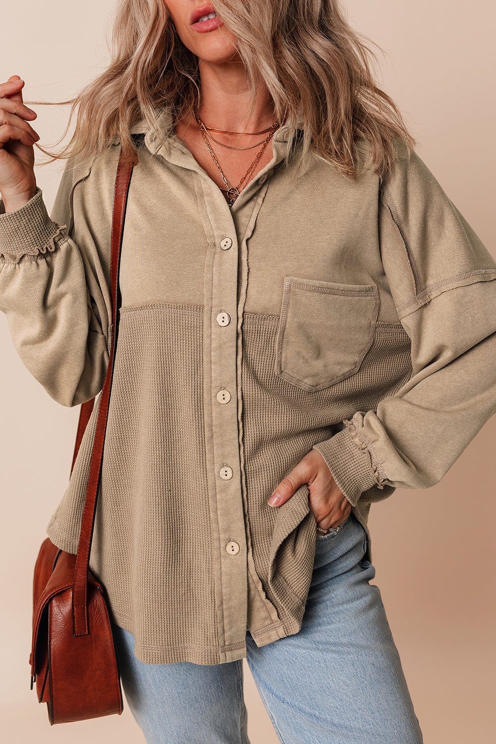 Goat Mineral Wash Textured Patchwork Loose Fit Shacket Jackets JT's Designer Fashion