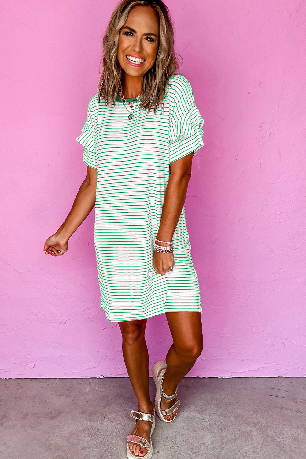 Green Stripe Ruffled Short Sleeve Crew Neck T Shirt Shift Mini Dress T Shirt Dresses JT's Designer Fashion