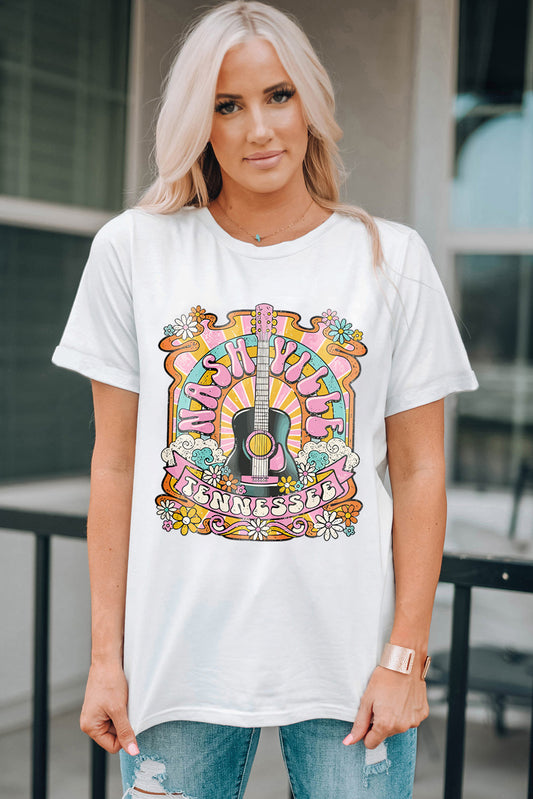 White NASHIVILLE Guitar Graphic Country Music T Shirt Graphic Tees JT's Designer Fashion