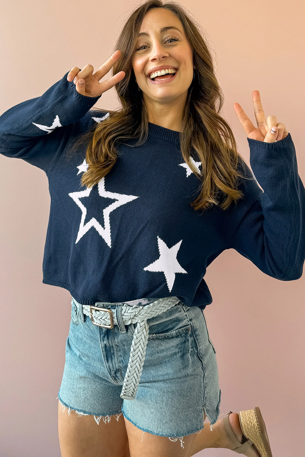 Sail Blue Star Pattern Drop Shoulder Knitted Sweater Sweaters JT's Designer Fashion