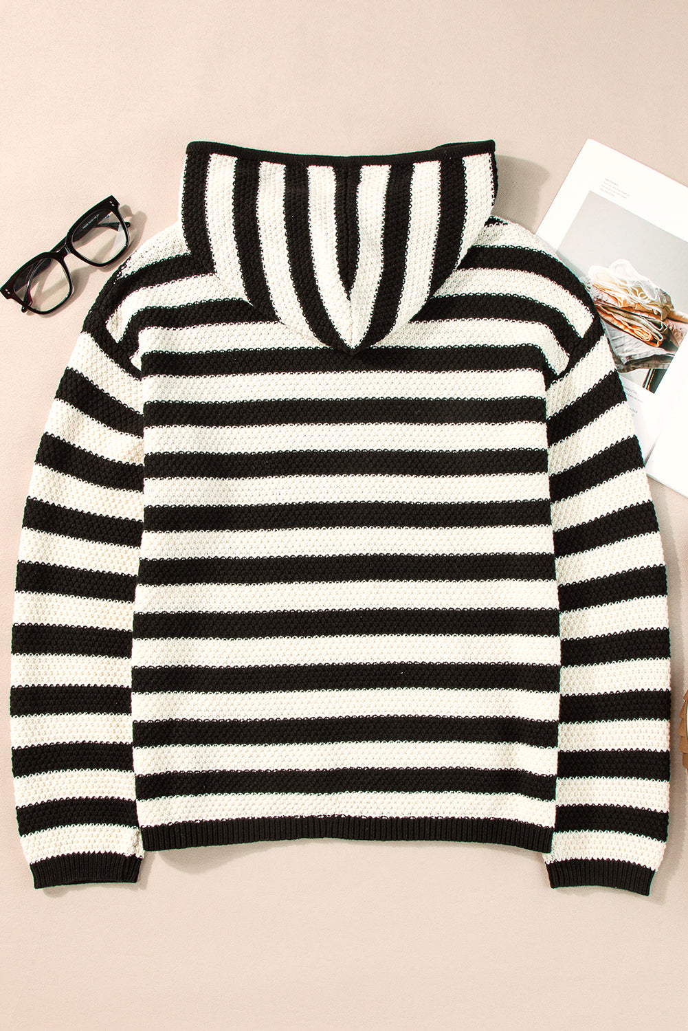 White Stripe V Neck Pocketed Drawstring Hooded Sweater Sweaters JT's Designer Fashion