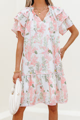 Pink Floral Contrast Edge Layered Short Sleeve Mini Dress Floral Dresses JT's Designer Fashion