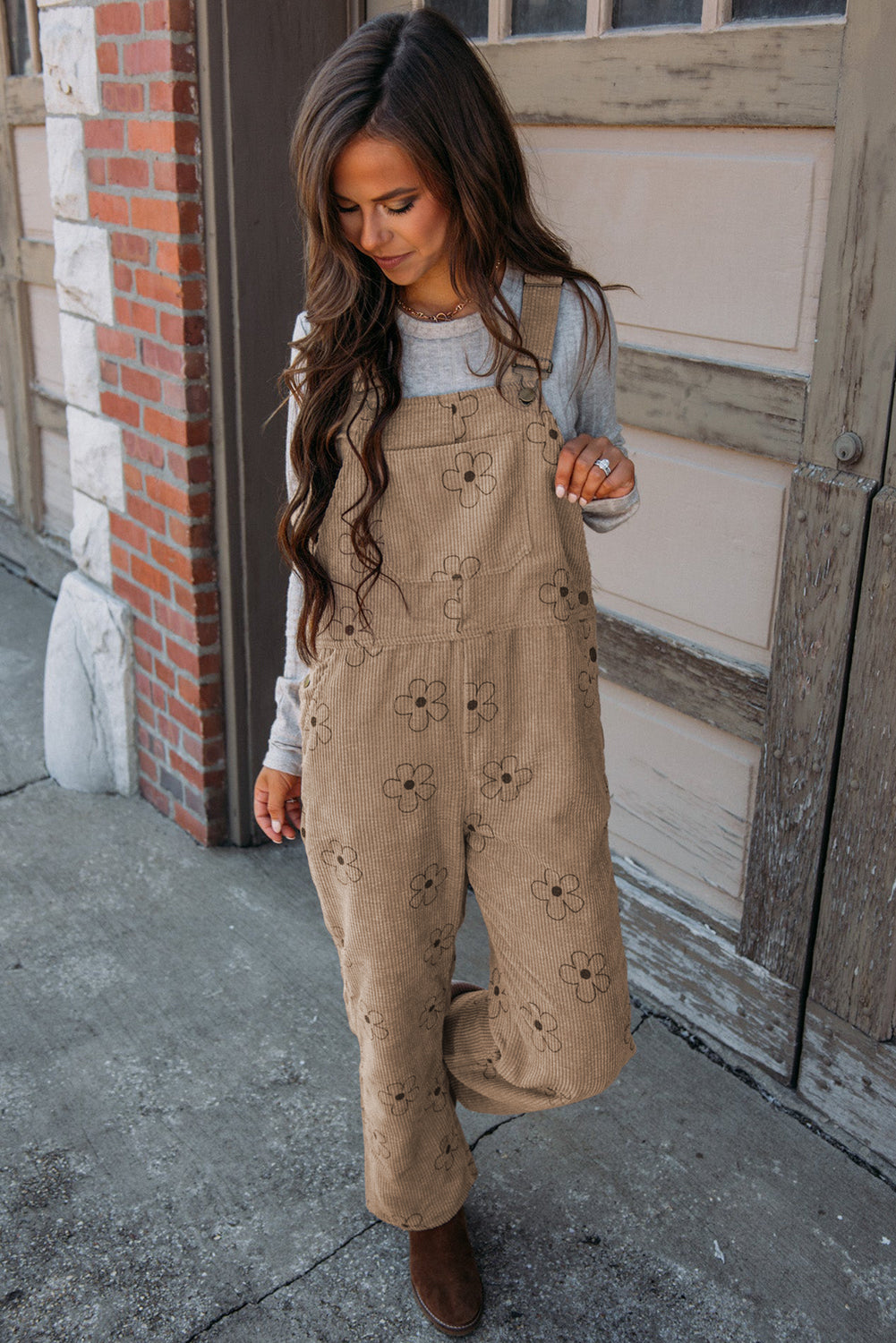 Khaki Flower Print Corduroy Overalls Jumpsuits & Rompers JT's Designer Fashion