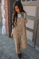 Khaki Flower Print Corduroy Overalls Jumpsuits & Rompers JT's Designer Fashion