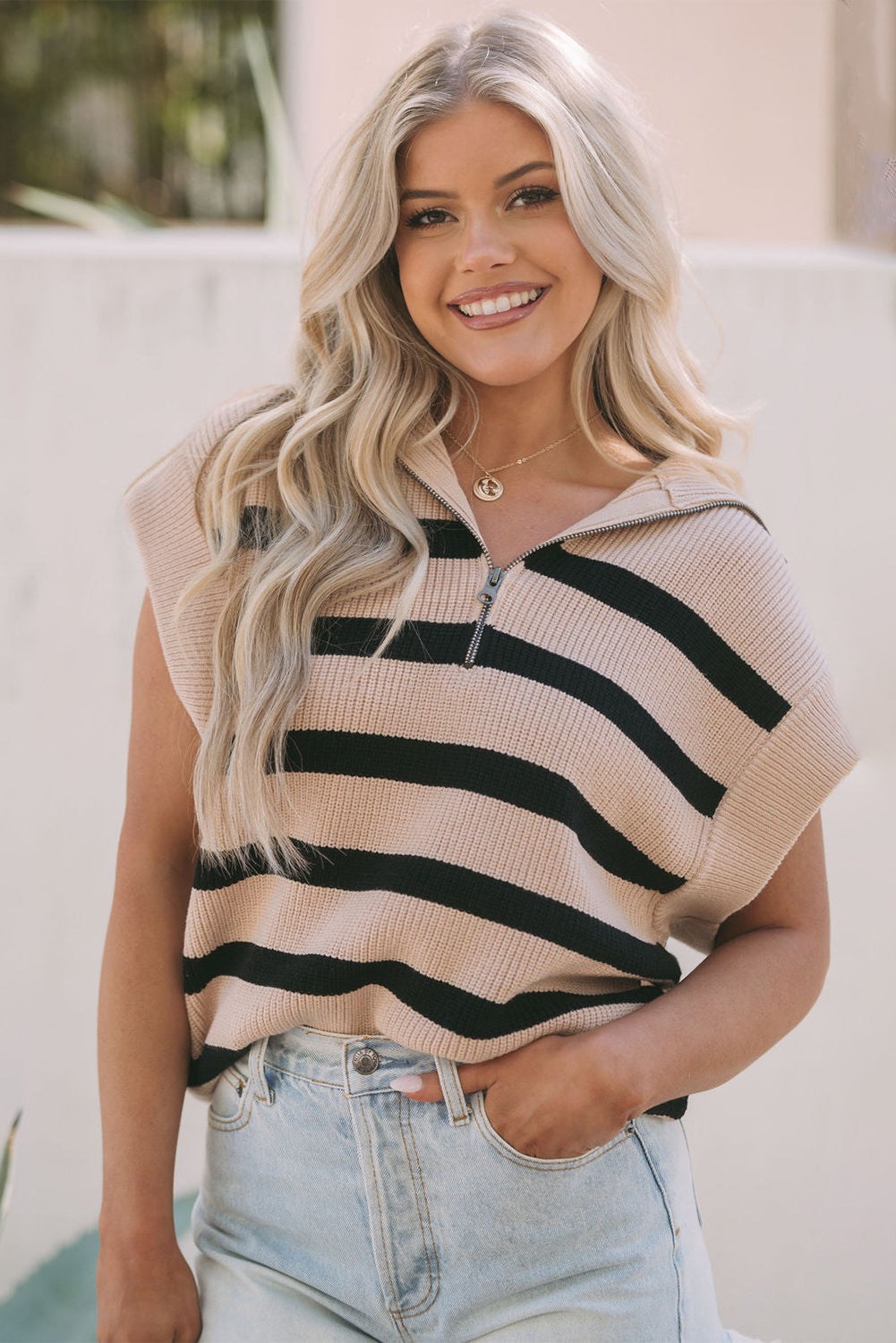Khaki Stripe Zipped Collar Short Sleeve Sweater Top Sweaters & Cardigans JT's Designer Fashion