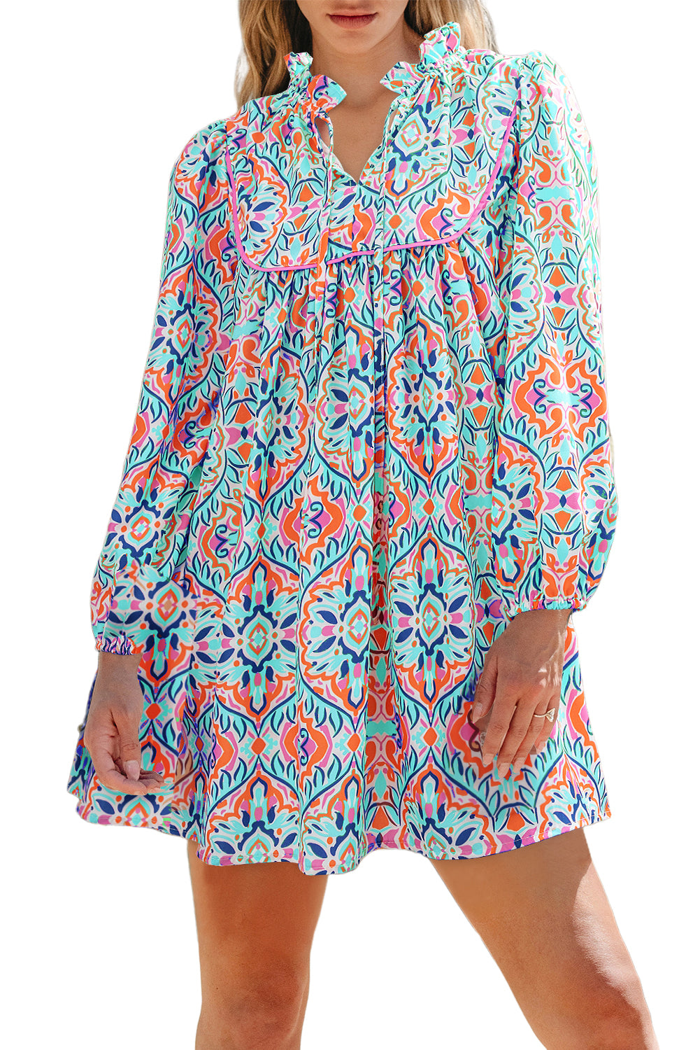Sky Blue Abstract Printed Long Sleeve Tied Neckline Mini Dress Mini Dresses JT's Designer Fashion