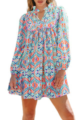 Sky Blue Abstract Printed Long Sleeve Tied Neckline Mini Dress Mini Dresses JT's Designer Fashion