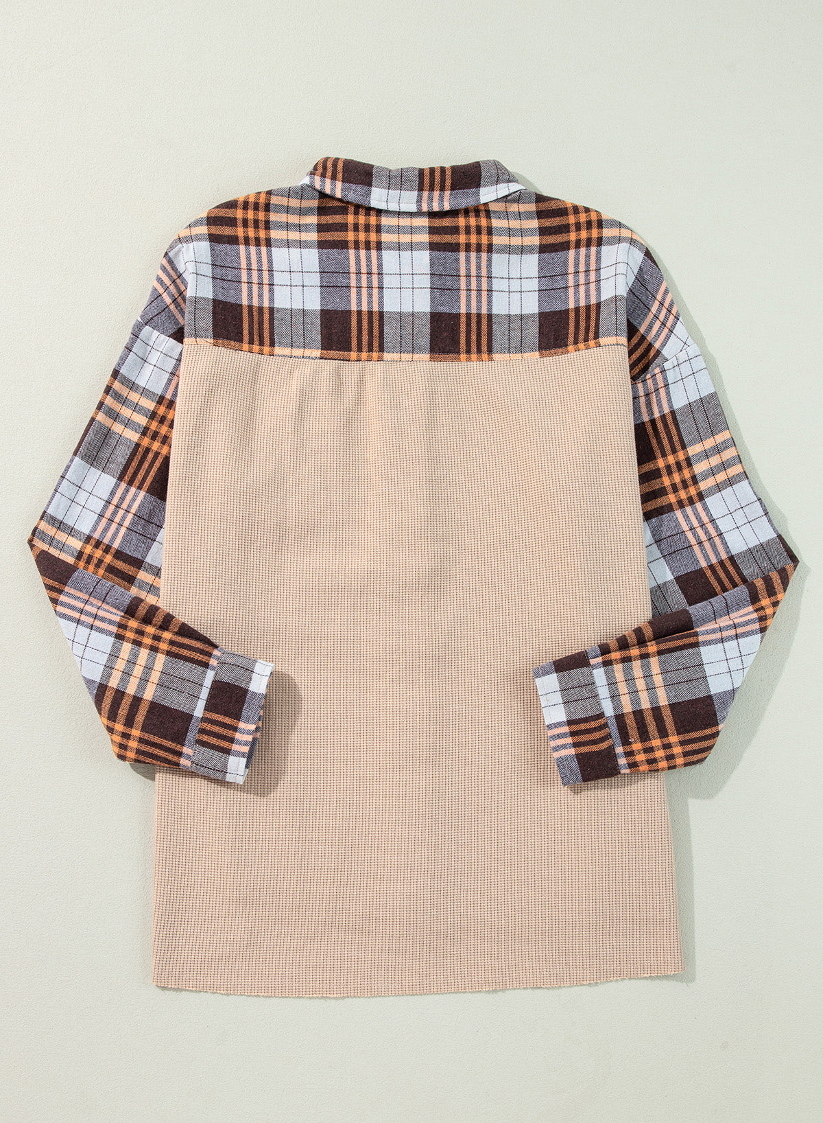 Khaki Thermal Knit Plaid Patchwork Shacket Plaid Shackets JT's Designer Fashion