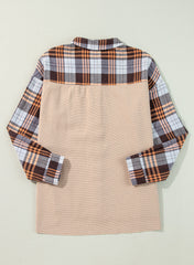 Khaki Thermal Knit Plaid Patchwork Shacket Plaid Shackets JT's Designer Fashion