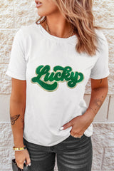 White St. Patrick Lucky Chenille Glitter Patched Graphic T Shirt Graphic Tees JT's Designer Fashion