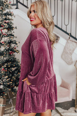 Meadow Mauve Plus Size Textured Velvet Tiered Buttons Tiered Dress Plus Size Mini Dresses JT's Designer Fashion