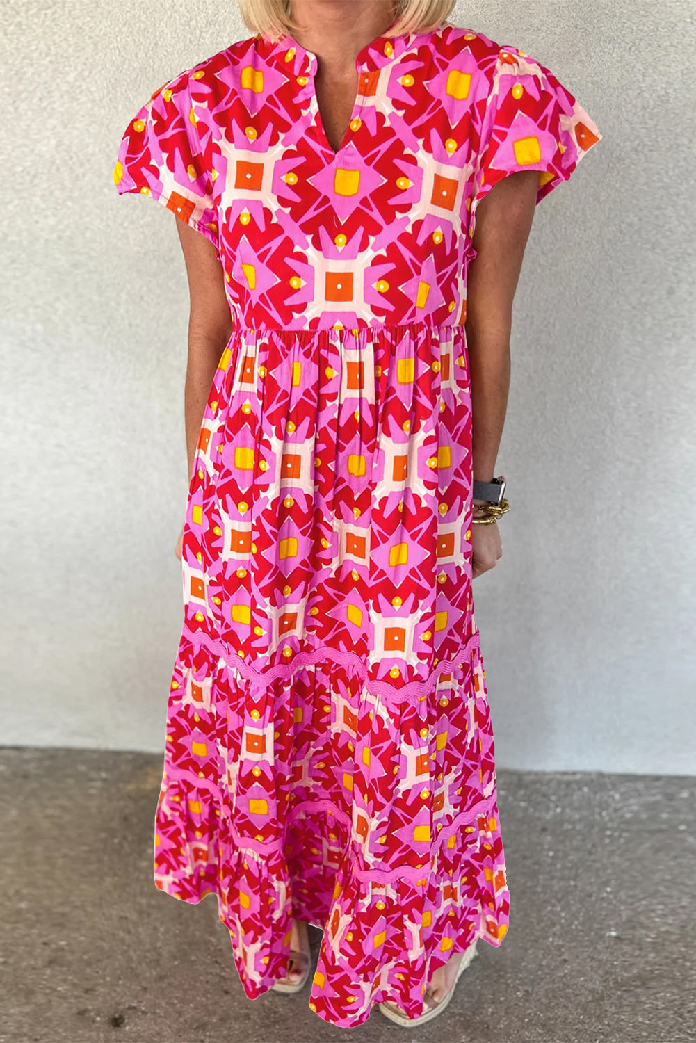 Strawberry Pink Geo Print V-neck Long Dress Strawberry Pink 100%Polyester Maxi Dresses JT's Designer Fashion