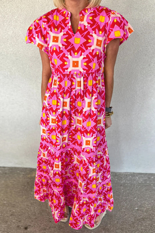 Strawberry Pink Geo Print V-neck Long Dress Strawberry Pink 100%Polyester Maxi Dresses JT's Designer Fashion
