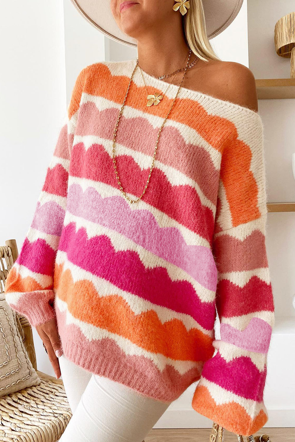 Rose Red Wave Striped Balloon Sleeve Drop Shoulder Sweater Sweaters JT's Designer Fashion